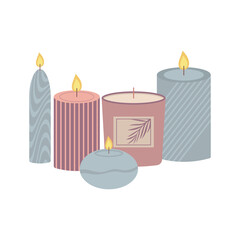 Decorative blue and purple handmade candles. Isolated vector illustration.