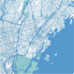 Map of New Rochelle in New York in a professional blue style. Contains layered vector with roads water, parks, etc.