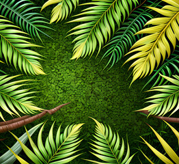 Fototapeta premium close up nature view with green leaves and palm trees background. Flat lay, dark nature concept, tropical leaf.generative ai