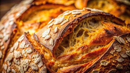 Homemade sourdough's captivating texture: close-up reveals airy pockets, fermented perfection, baked to golden crust.