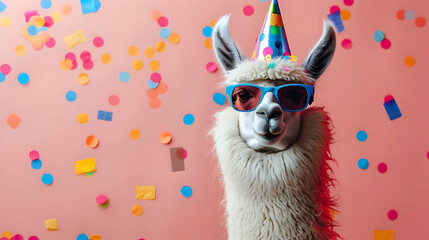 Obraz premium White Llama Wears Party Hat and Sunglasses Amidst Colorful Confetti on Pink Background