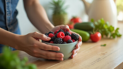 Fresh mixed berries in bowl on wooden kitchen table with vegetables