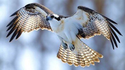 Obraz premium Osprey soaring, wings spread, blurred background, wildlife photography