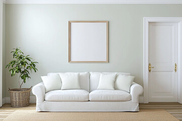 Fototapeta premium cozy living room featuring white sofa with cushions, pastel walls, and potted plant. space exudes tranquility and elegance, perfect for relaxation