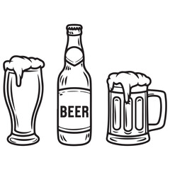 beer line art, beer silhouette,glass beer bottle icon shape symbol. beer vector illustration.hand drawn vector illustration isolated on white background.