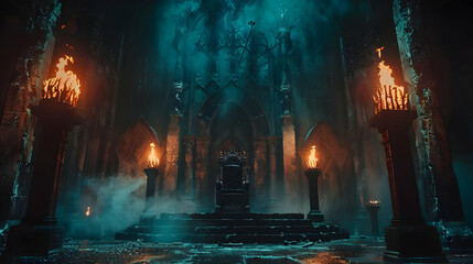 Fototapeta premium Mystical Throne Room in Gothic Cathedral Illuminated by Torches with Eerie Fog