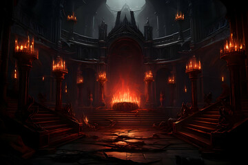 Fototapeta premium Gothic Cathedral Interior with Burning Altar, Candelabras, and Dramatic Lighting Creates Eerie Ambiance.