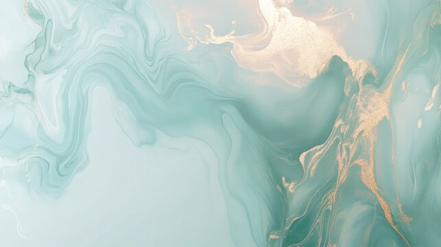 Abstract fluid art in shades of light green and gold with swirling patterns