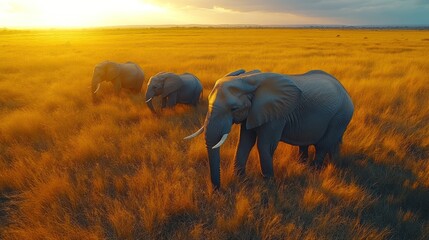 Naklejka premium Elephants in golden field at sunset, tranquil nature scene in savanna of Africa