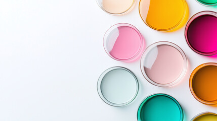 Colorful petri dishes filled with various liquids create vibrant research scene. arrangement showcases variety of hues, emphasizing beauty of scientific exploration