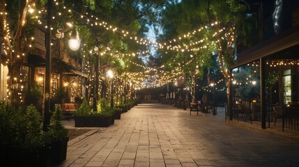 Obraz premium Enchanting Culinary Quarter: Vibrant Canopies, Twinkling Lights, and Lively Conversations Cinematic Scene