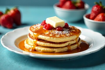 Fresh Pancakes on White Plate - Classic Blue Background