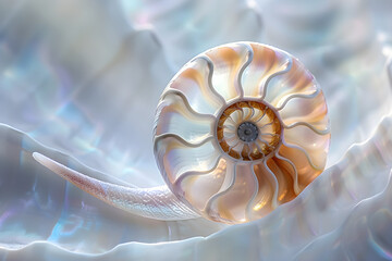 Obraz premium Macro Photograph of Nautilus Shell Showcasing Intricate Spiral Structure and Pearlescent Layers
