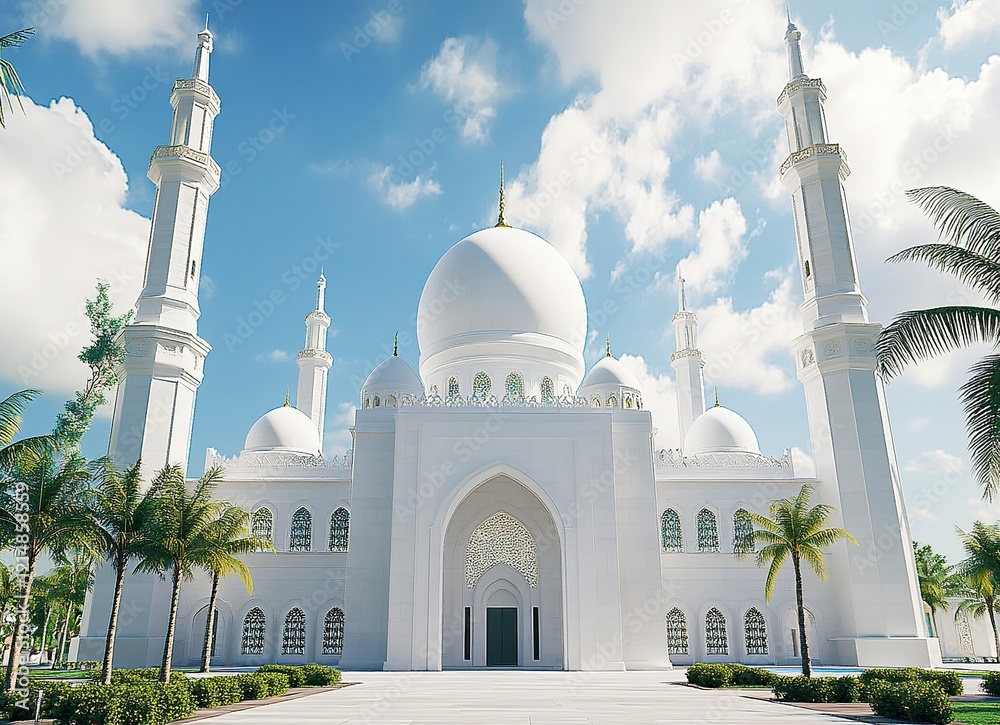 Canvas Prints A white mosque with minarets and domes in Abu Dhabi, photo-realistic, stock photography, sunny day, blue sky, wide-angle, low camera position, white walls, white dome roof, photo realism, professional