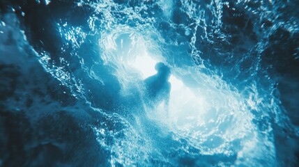 A person snorkeling or scuba diving in a tunnel of light underwater, surrounded by shades of blue.