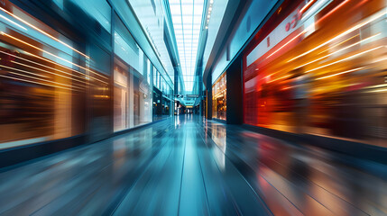 Modern Shopping Mall Interior Blurs with Motion and Light Reflections Creates Dynamic Perspective.