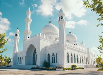 A white mosque with minarets and domes in Abu Dhabi, photo-realistic, stock photography, sunny day, blue sky, wide-angle, low camera position, white walls, white dome roof, photo realism, professional