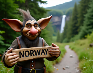 Smiling troll figurine in a picturesque forest glade, holding a wooden 'Norway' evoking fantasy and Scandinavian folklore.