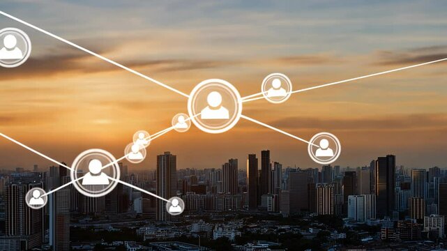 At sunset, the city skyline transforms as digital connections appear, highlighting the interactivity of urban life and technology