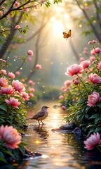 Idyllic Garden with Lush Pink Blossoms and Tranquil Water Reflections