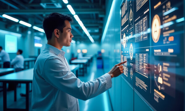 Asian male in futuristic data lab interacting with digital interface