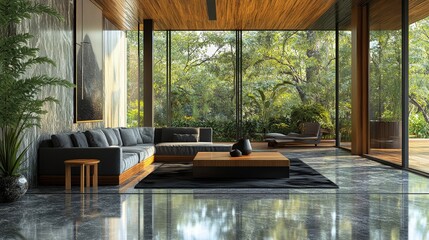 Fashionable living room interior with glossy marble floor, Scandinavian sofa and wooden coffee table, black and white sofa rug, wooden furniture, green plant pot, window wall. 3D Rendering