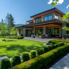 Modern house boasts expansive patio and lush green lawn, ideal for outdoor living.