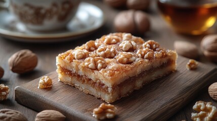 Walnut apple cake, tea, nuts, wooden board, cozy kitchen
