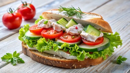 Delicious Salted Fish Sandwich with Cream Cheese & Fresh Vegetables on White Background