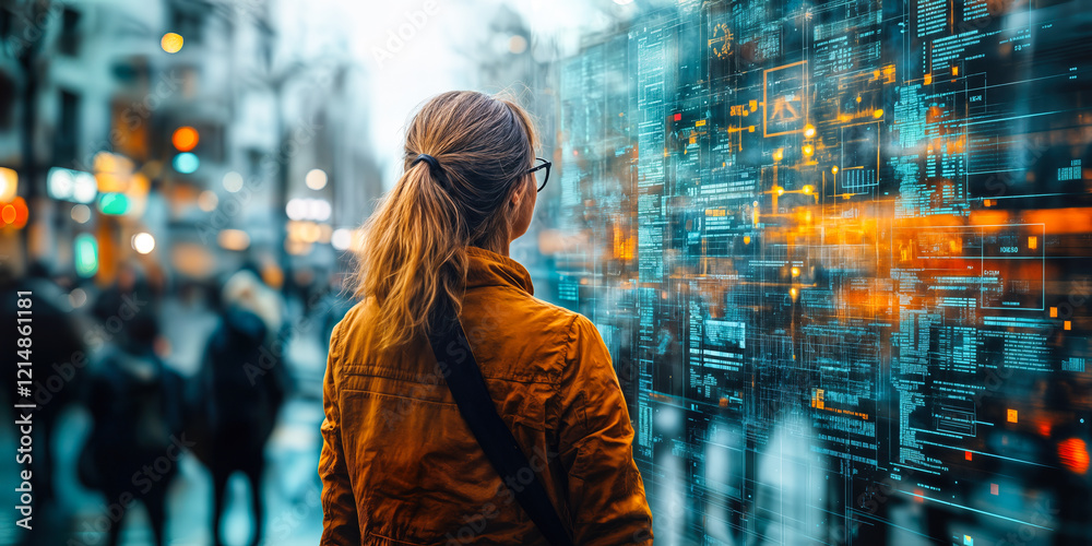 Poster woman analyzing data on a transparent screen in urban setting for scalable ai infrastructure