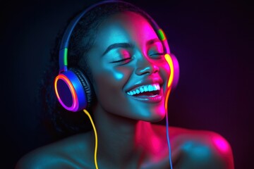 Stylish African-American woman listening to music with bright neon headphones. Joyful expression, glowing skin highlight fashion, vibrant colors. Close-up studio portrait captures youthful energy,