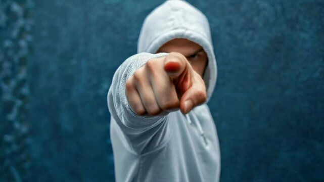 A man wearing a white hoodie stands against a blue wall, extending a finger towards the viewer with a focused expression, creating an engaging and confrontational atmosphere.