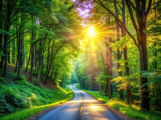 Obraz premium Lush green woods frame a sun-baked asphalt country road, capturing the essence of summer.