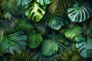 Lush green jungle with many leaves and vines.