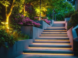 Obraz premium This image depicts a modern staircase at night, featuring concrete steps with embedded LED lights. The setting is an urban residential garden or courtyard.
