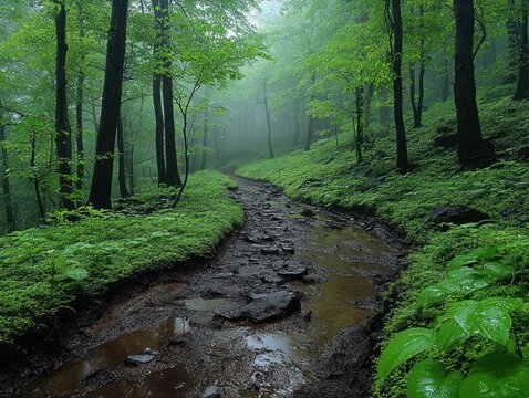 A misty forest path with lush green foliage and a stream running along the trail