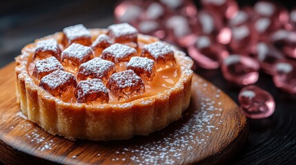 Caramel tart, dusted, wooden board, jewels, dessert menu