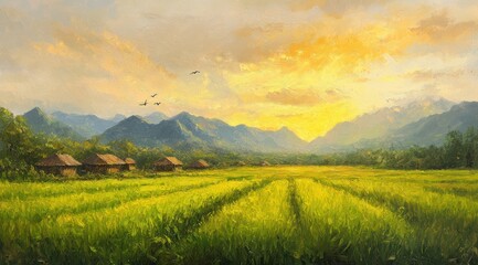 Naklejka premium oil painting of green rice fields with thatched huts and mountain background