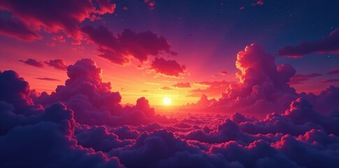 Naklejka premium Fiery orange and purple clouds blaze across a vast, twilight sky , intense, heaven