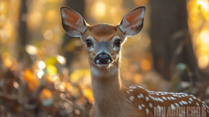 Fototapeta premium A detailed close up of a young deer with its brown fur and white spots in a forest