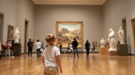 A young boy stands in awe in front of a large painting in an art museum