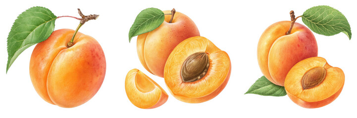 Apricots Watercolor Illustration Three Whole and Halved Fruits Isolated on Transparent Background, Botanical, Fruit Composition, Apricot, Watercolor, Illustration