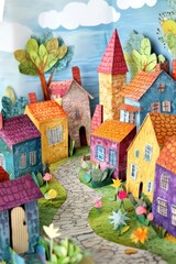 Naklejka premium Whimsical Paper Art of a Medieval Town with Colorful Houses
