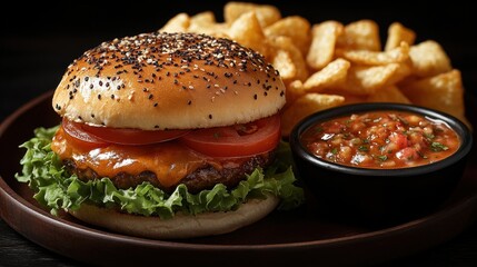 Cheeseburger, fries, salsa, dark background, menu