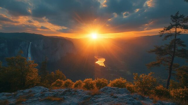 Scenic sunset over mountains captured in seamless looping 4K time-lapse animation video background