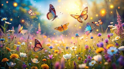 Magical wings shimmer, a fantastical butterfly's maiden voyage above a vibrant spring meadow.