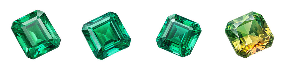 Four Emerald Cut Gemstones, Gradient Color, Isolated on Transparent Background, Jewelry, Green, Gem, Emerald, Cut