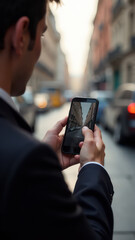 Over the shoulder shot of a person holding phone. Vertical photo.	

