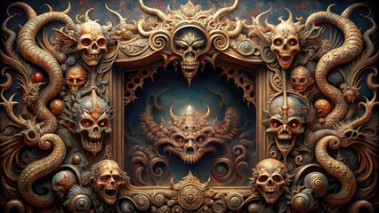 Medieval, ornate frame showcases a digital painting of a fantastical monster; decorative fantasy border.