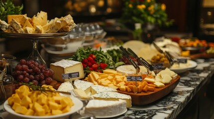 Different kinds of delicious cheese on table